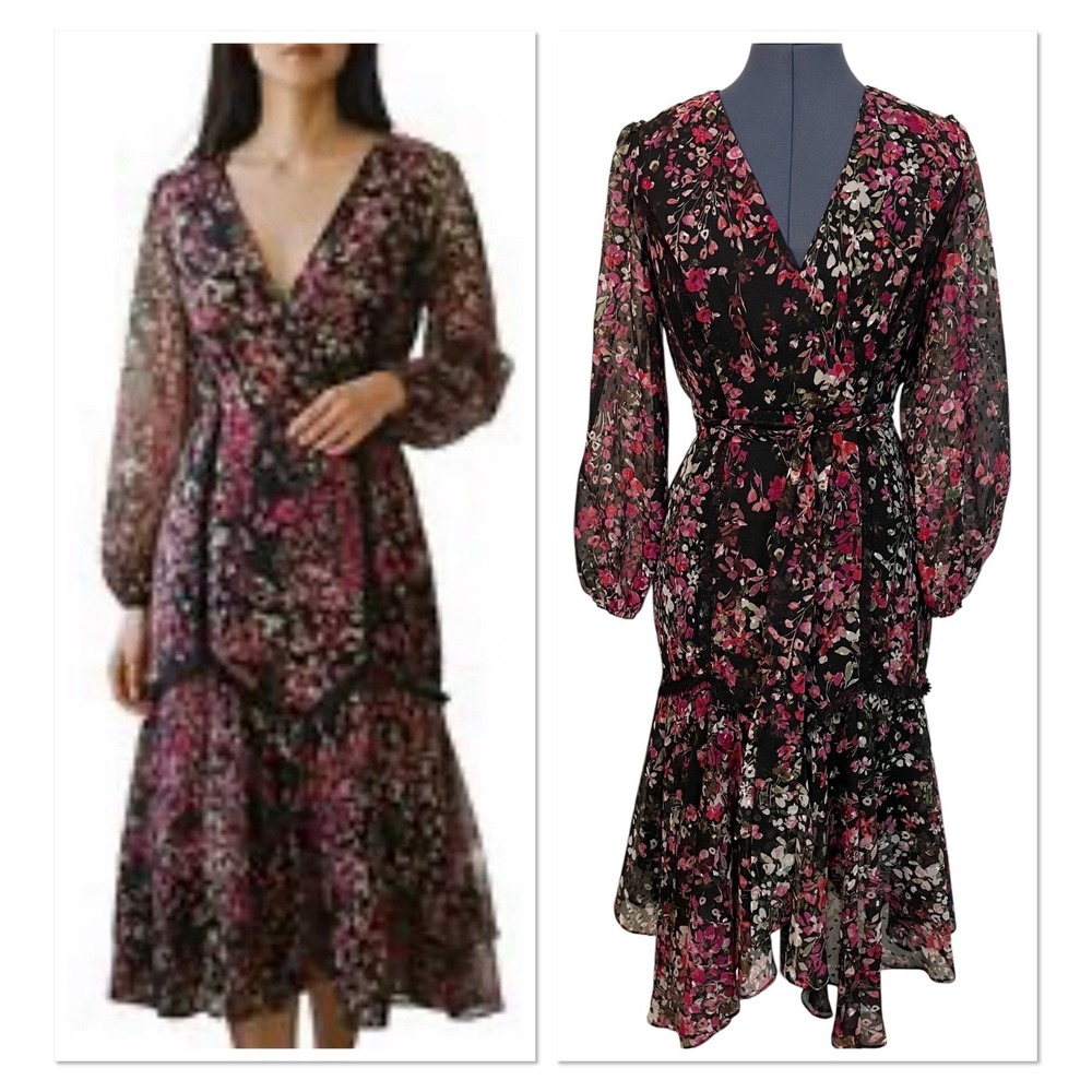 Danny Nicole Floral Lace Faux Wrap Sheer Tiered Midi Dress Whimsigoth Fairy 4